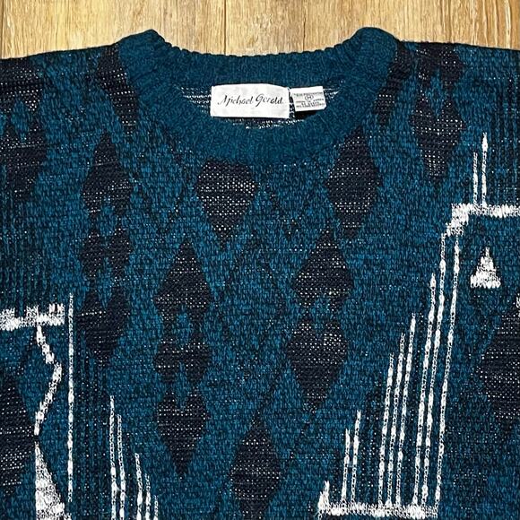 Vtg 90s Michael Gerald Abstract Sweater Mens M Blue White Geometric Grandpa Dad - Picture 3 of 6